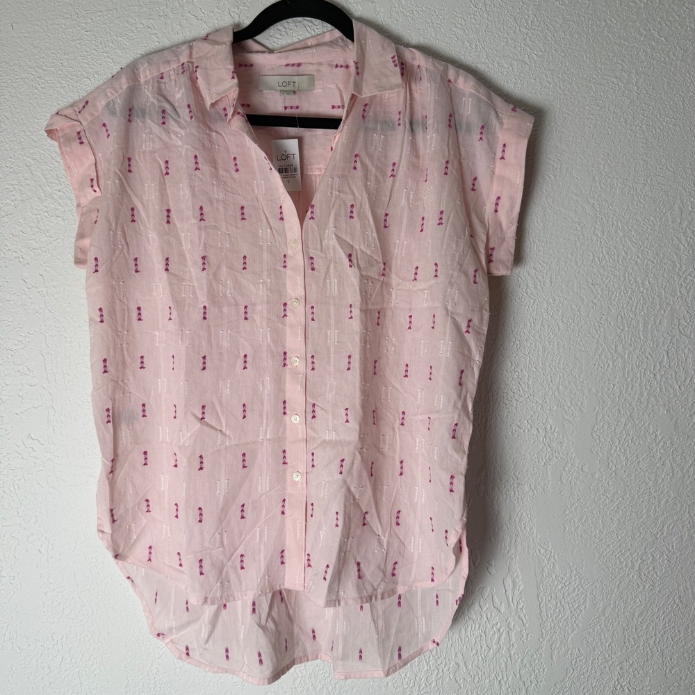 NEW LOFT Womens S Pink Arrow‎ Embroidered Cotton Button Down Shirt Cap Sleeve